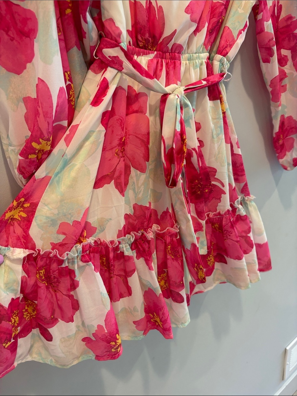 Flying Tomato White Dress with Hot Pink Floral Print ptp 15 1/2 - Picture 6 of 8